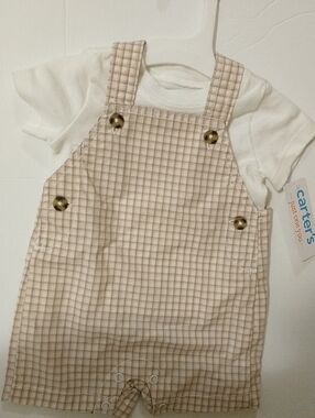Carter's Beige Plaid Shortall with White Tee - 3 Months